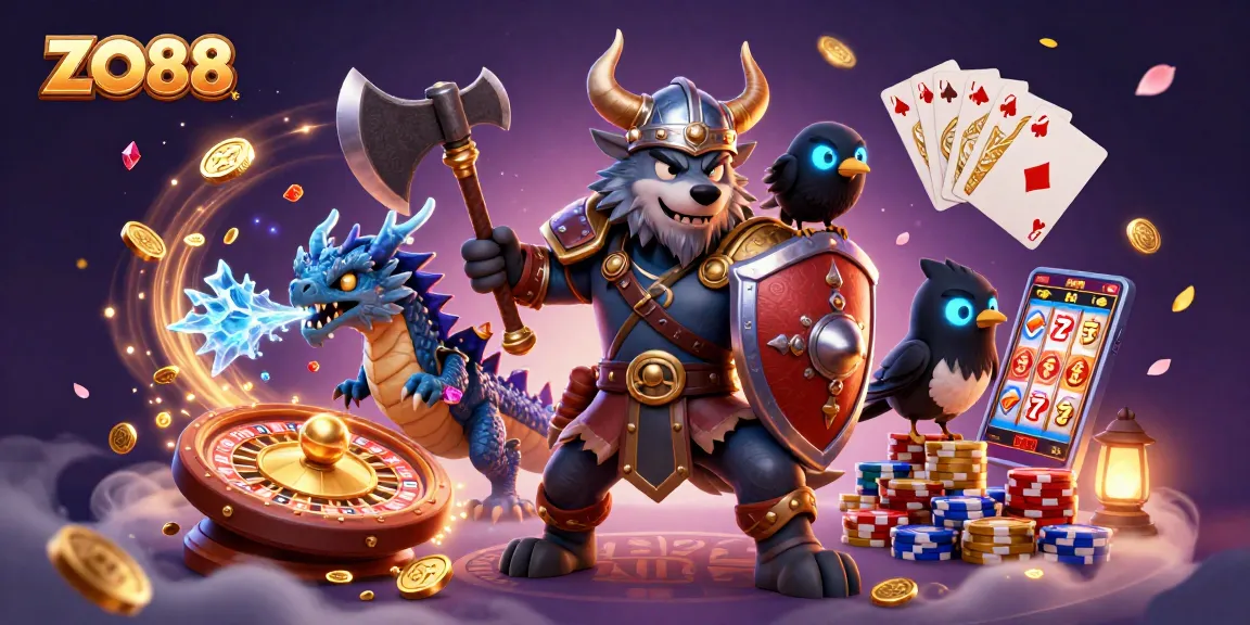 Engage in thrilling games at ZO88 with a dynamic scene featuring a Viking warrior, dragon, and casino elements.
