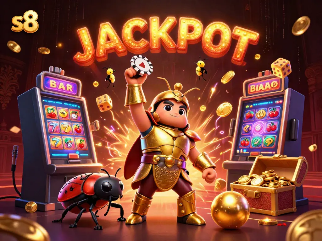 Experience the excitement of s8 casino games with a heroic beetle lifting a poker chip and dazzling jackpot elements.