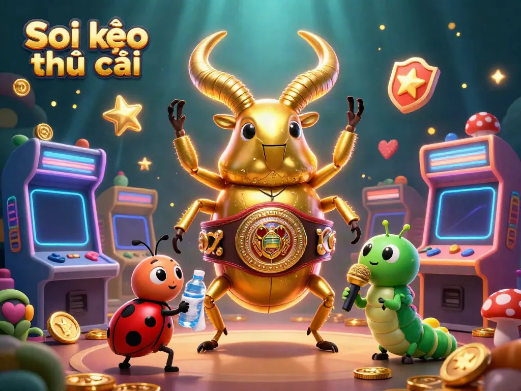 Soi kèo nhà cái features a golden stag beetle boxer with gaming elements in a vibrant casino scene.