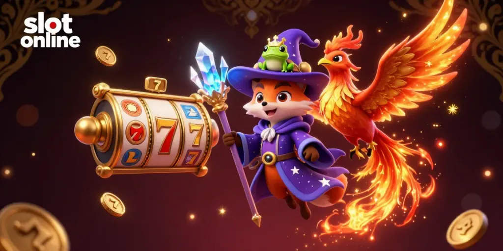 Spin through thrilling slot online adventures with a mystical wizard fox and phoenix in a vibrant casino scene.