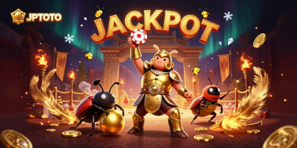 Experience JPTOTO's casino excitement with a beetle hero lifting a poker chip in a dynamic scene.
