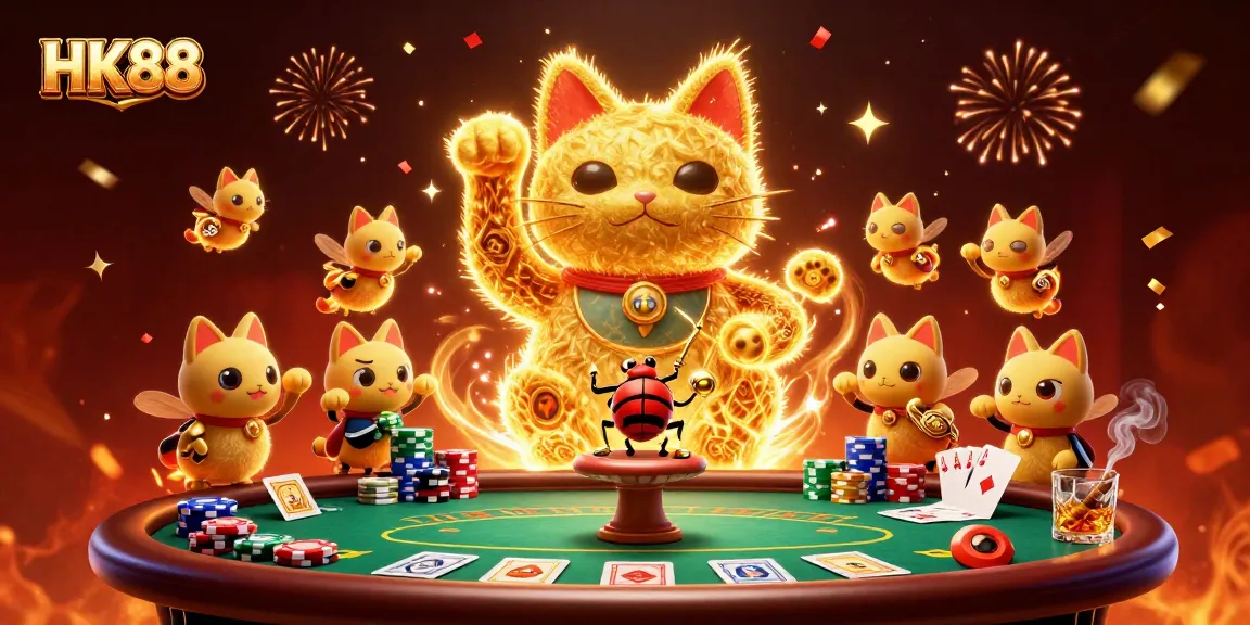 Engage in exciting gambling experiences at HK88 with a vibrant illustration featuring a lucky cat and poker elements.