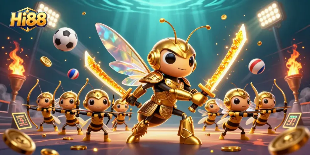 Hi88 offers dynamic gambling excitement with golden hornet in a samurai theme, showcasing various sports betting elements.