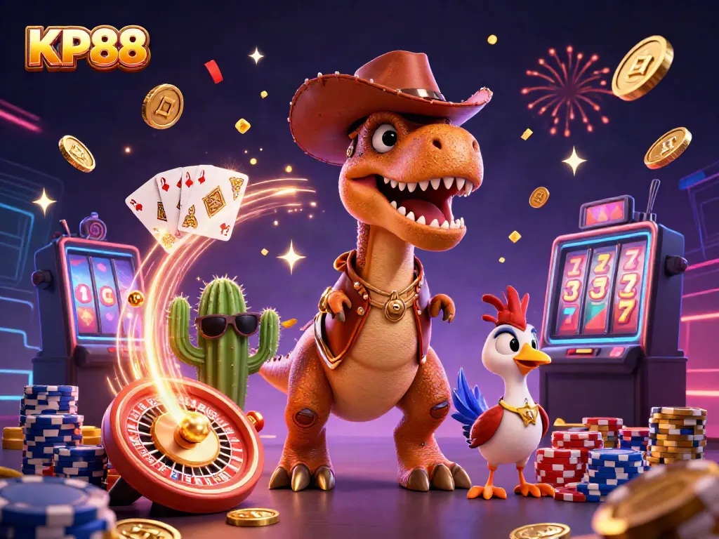 Win big at KP88 with exciting games and vibrant casino elements illustrated in a fun scene.
