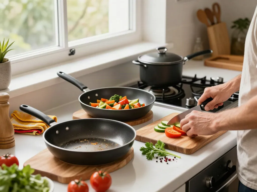 Non-Stick Cookware price in bangladesh highlighted in a cozy kitchen scene with home cook preparing a meal.