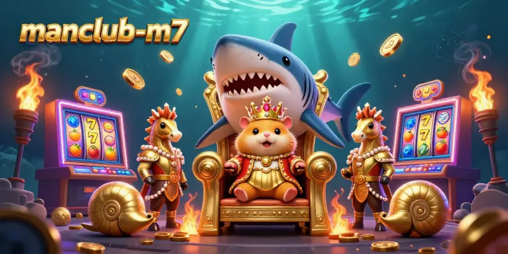 Spinning slot reels and coins surround the golden hamster king in the manclub-m7 casino scene.