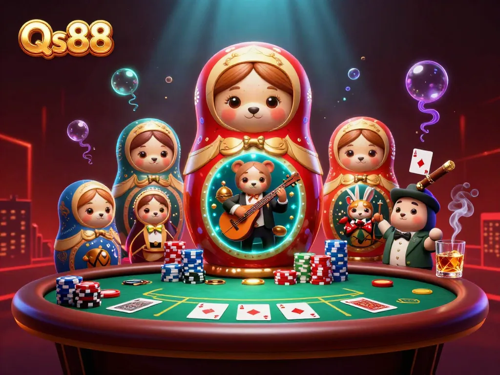 Experience Qs88's dynamic casino scene with playful characters and vibrant gaming elements.
