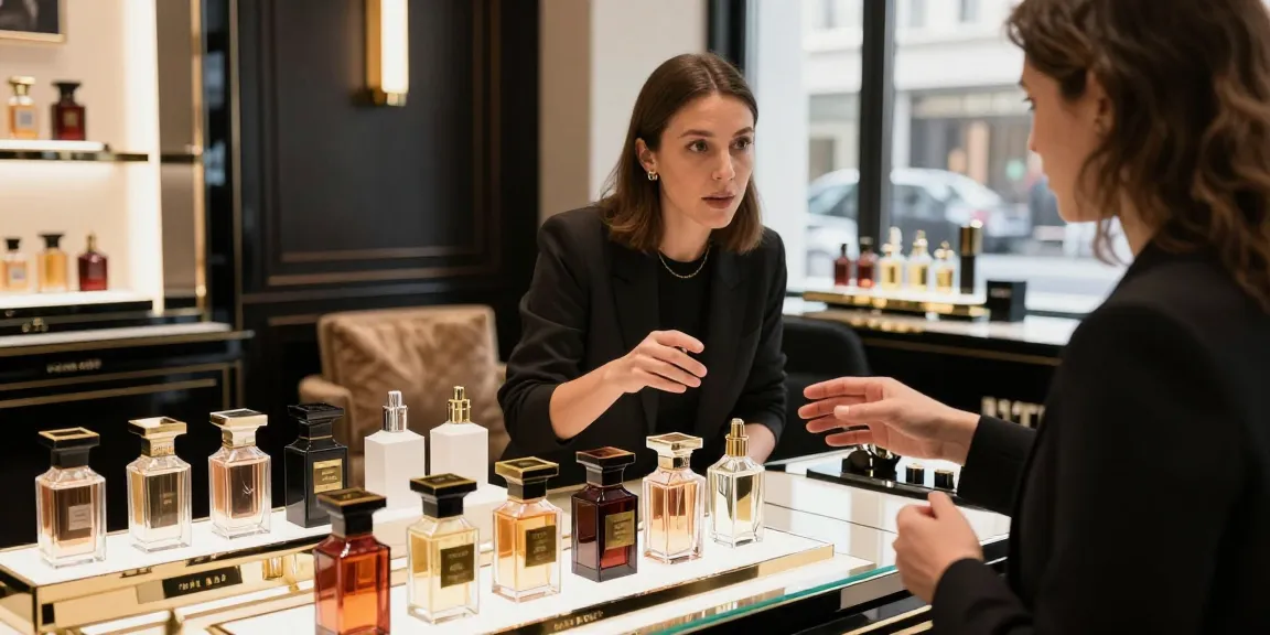 Fragrance display featuring perfume samples and decants in a luxurious boutique setting