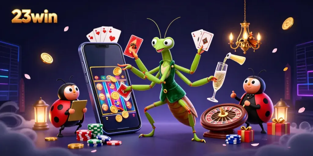 Experience vibrant gameplay and excitement at 23win with a unique casino illustration.
