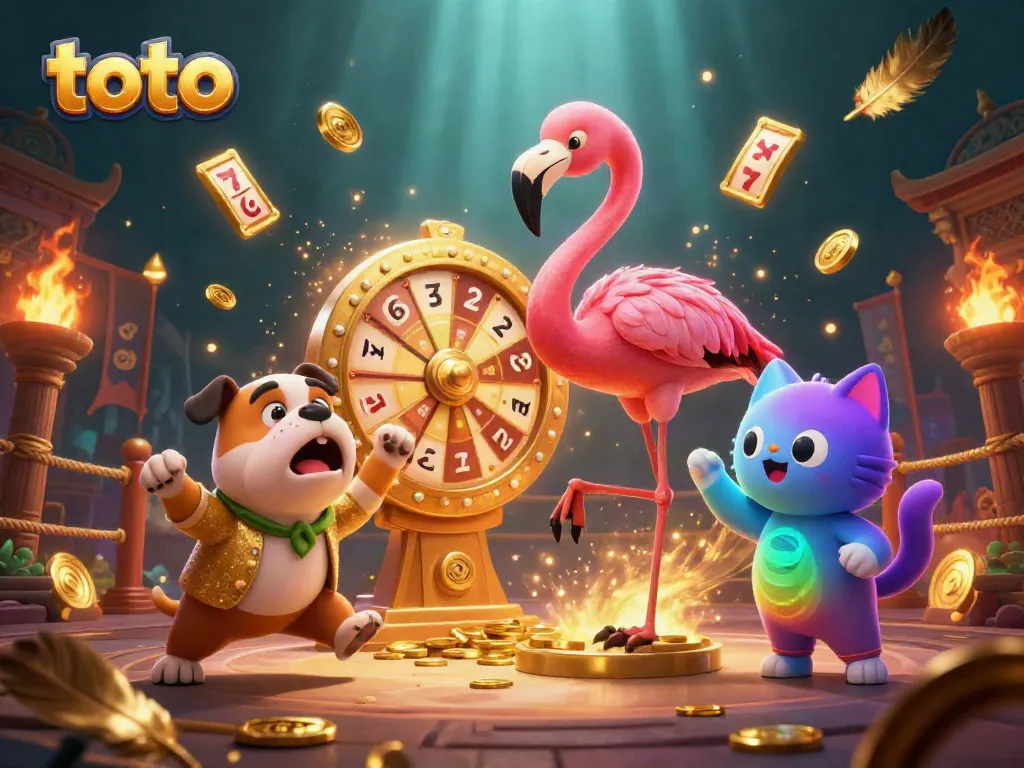 Toto surprises players with a vibrant scene of a game show host and fun casino elements, showcasing excitement and wealth.