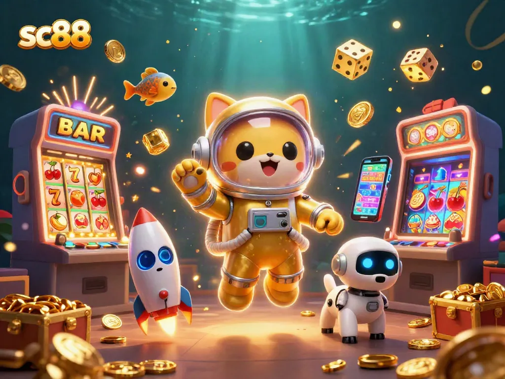 Win big with sc88 as a cartoon space astronaut cat and robotic dog explore a cosmic jackpot scene.