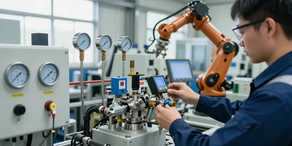 Engineer calibrating a mechanical vacuum switch in a high-tech industrial setting.
