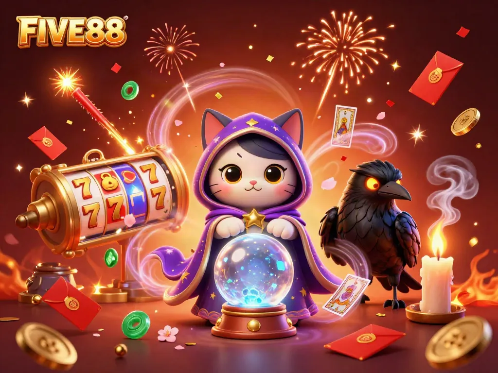 Experience thrilling gameplay at FIVE88 with colorful slot reels and dynamic casino characters.