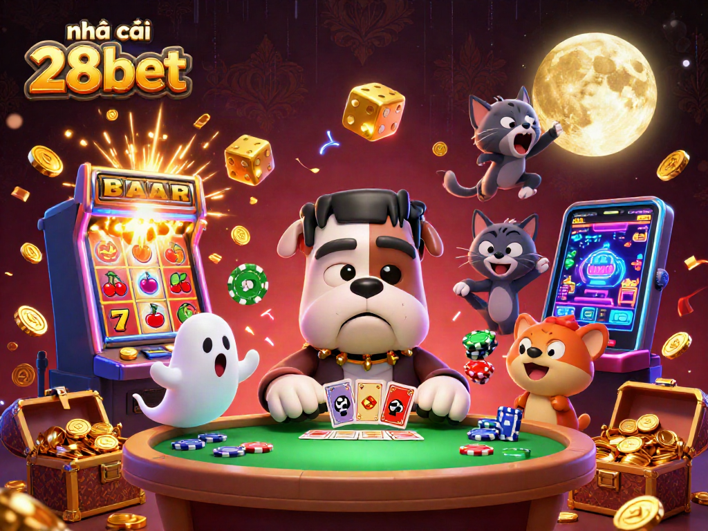 Experience the thrill of nhà cái 28bet with a vibrant 3D casino scene featuring a bulldog dealer and jackpot excitement.