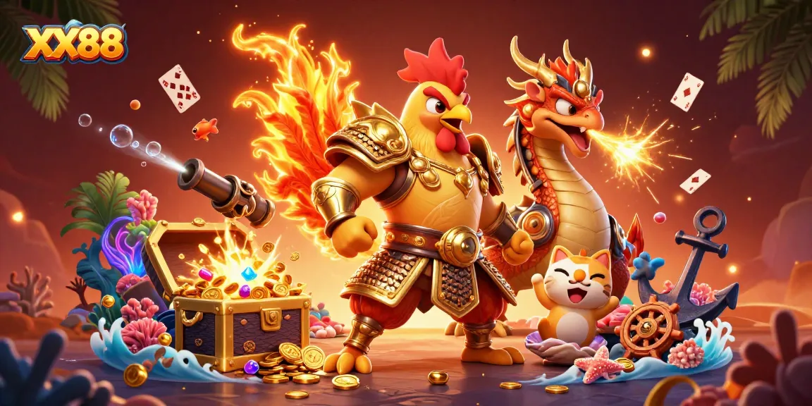 Experience the excitement of XX88 with animated 3D characters and vibrant casino elements.