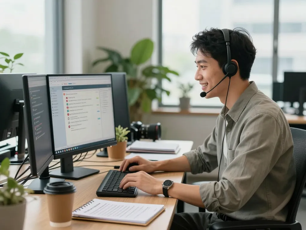 Customer service representative assisting clients with the Myfairplay customer care number in a modern office setting.