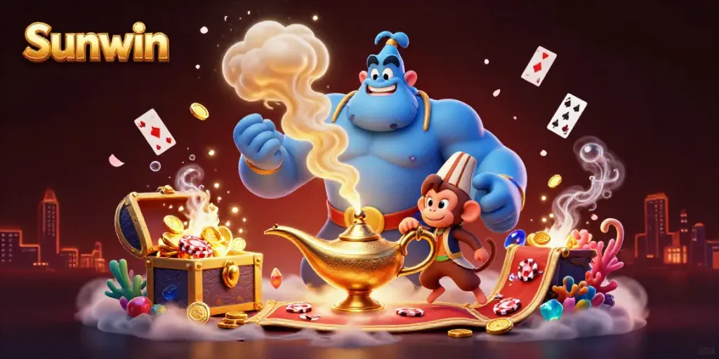 Experience thrilling adventures with Sunwin's mystical genie and treasure-filled scene.