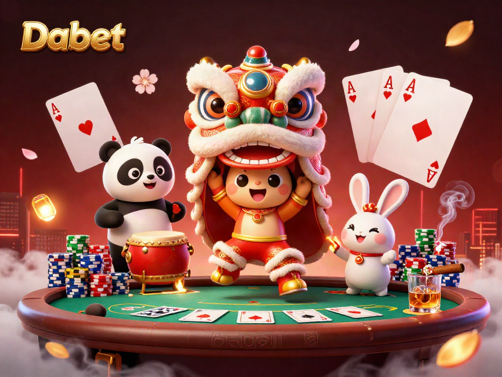Dabet engages in spirited gaming with a lively lion dance, vibrant colors, and rich casino elements.