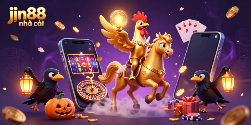 Explore jin88 nhà cái with a vibrant casino scene featuring a unique golden rooster and gaming elements.