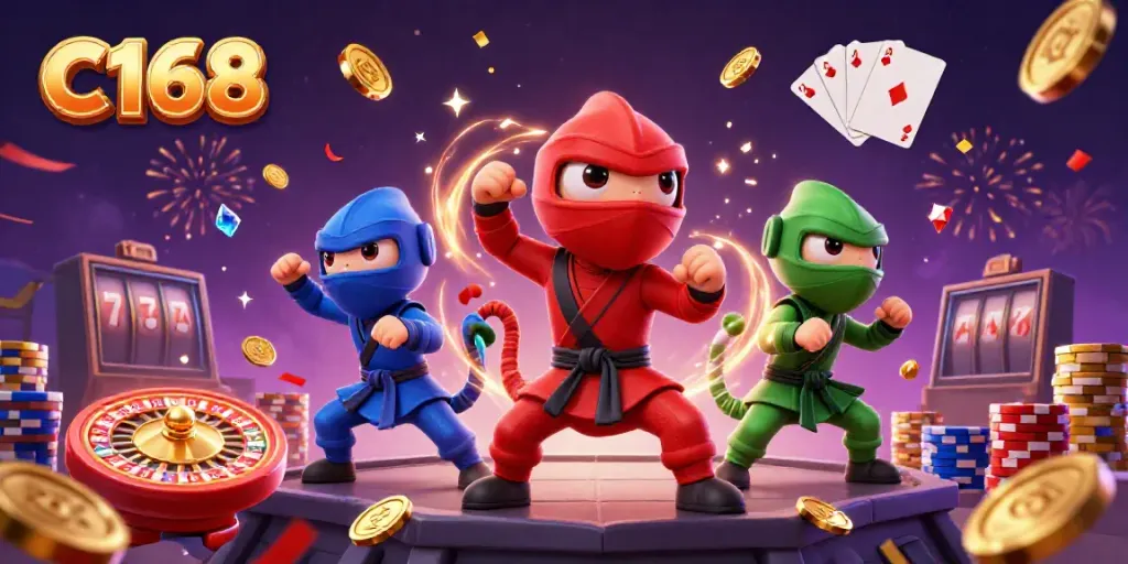 Experience the thrill of C168 with cartoon ninjas, casino elements, and vibrant energy!