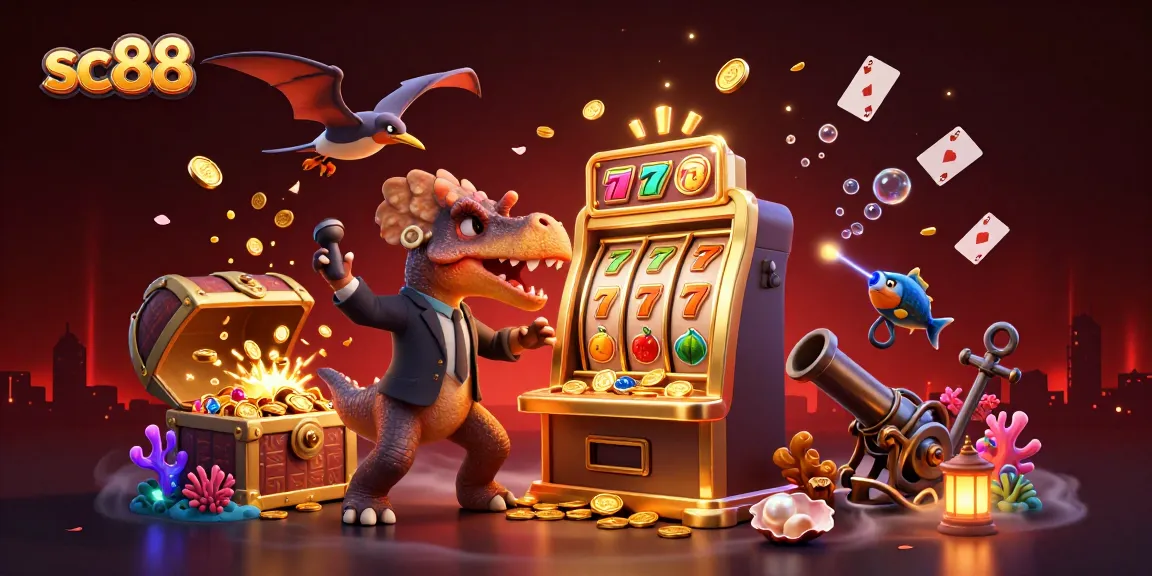 sc88 jackpot scene with a dinosaur winning at a casino slot machine and coins flying around