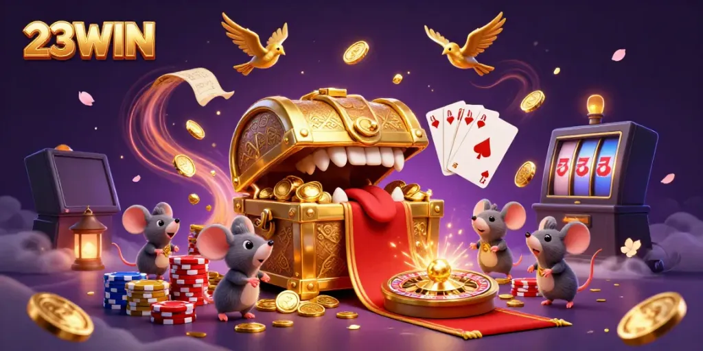 Engaging treasure chest and character scene featuring 23WIN, promising thrilling rewards and excitement in a vibrant casino atmosphere.
