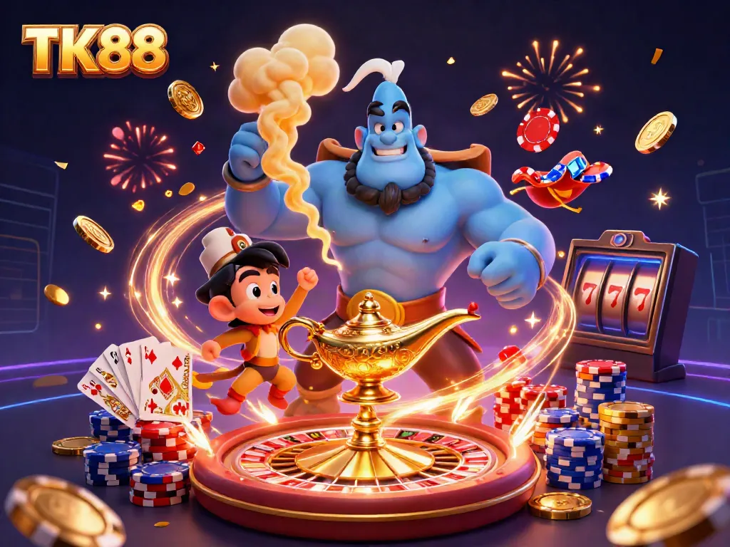 Experience thrilling gaming action at TK88 with genies, poker chips, and sparkling gold coins.
