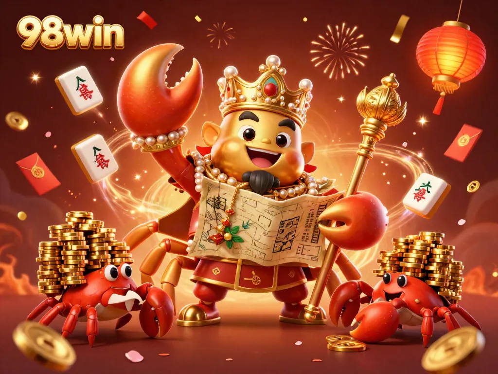 Engage in the thrilling 98win adventure with the golden crab emperor amidst festive game elements.