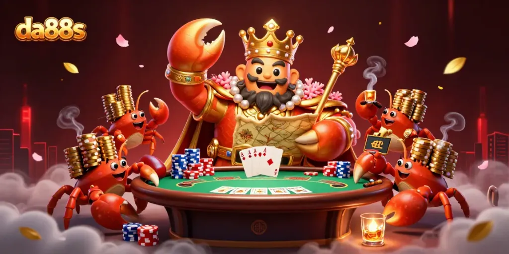 Engage with da88s as the golden crab emperor presides over a vibrant poker scene.