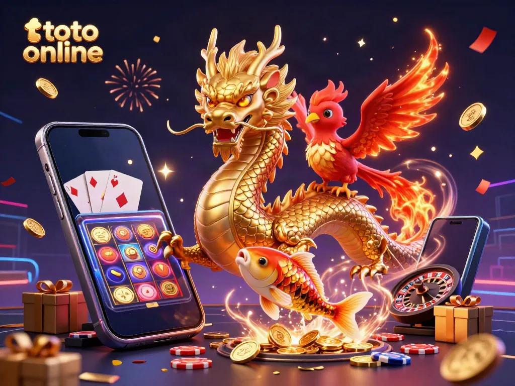 Engage in thrilling gameplay with toto online, featuring a golden dragon, phoenix, and coins bursting from a slot game.