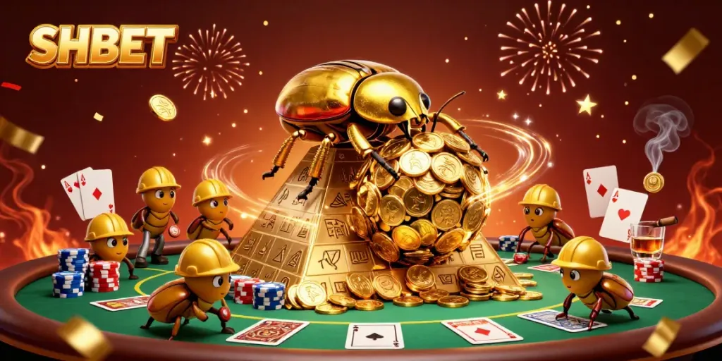Spin and win with SHBET: enchanted golden beetles and poker elements illuminate this vibrant casino scene.