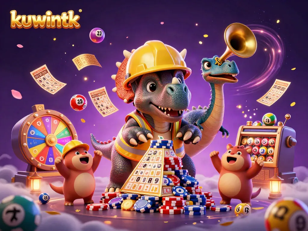 Kuwintk digital illustration celebrating casino games with vibrant characters, colorful lottery balls, and casino elements.