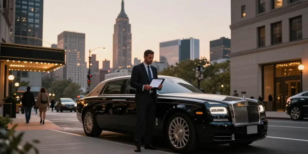 Premium car service NYC with chauffeur by luxury hotel at sunset.