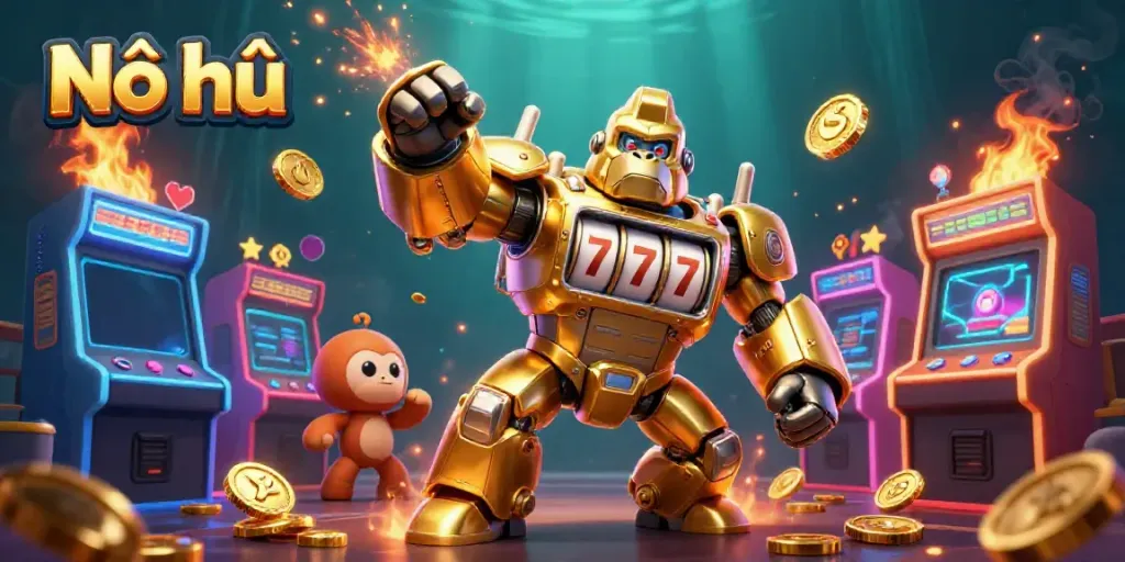 Nổ hũ slot game illustration with golden gorilla mech and exciting arcade elements exploding coins