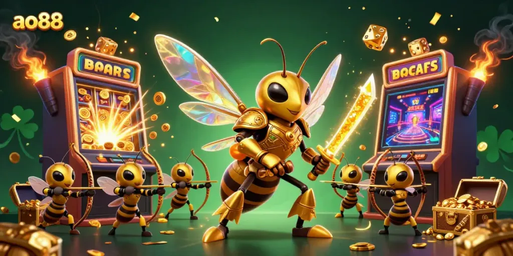 Experience the excitement at ao88 with vibrant 3D casino illustrations of games and winnings.