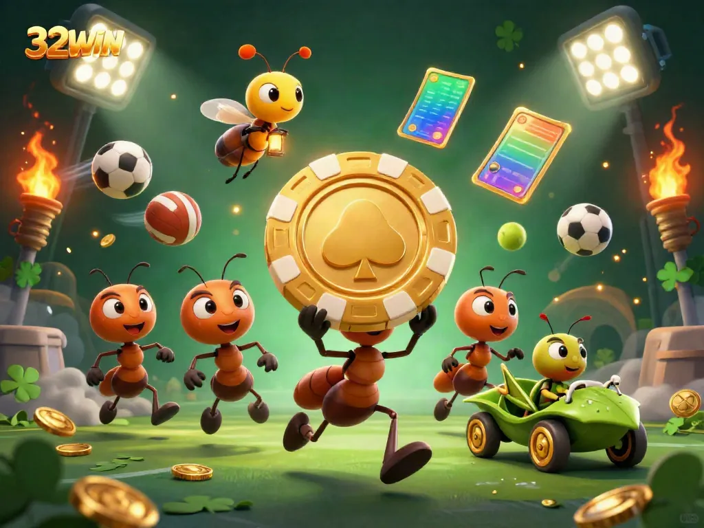 Experience 32WIN's thrilling gaming action with 3D ants transporting a giant poker chip.