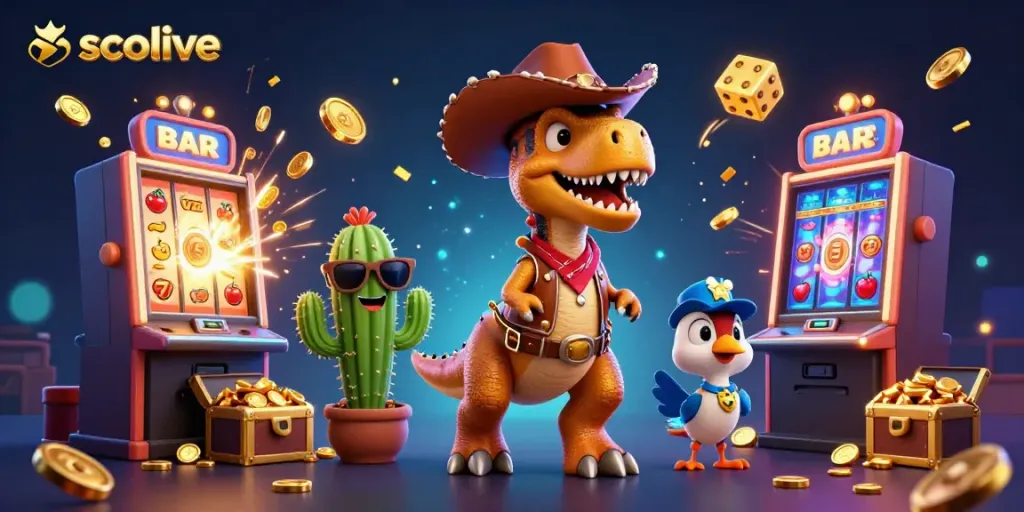 Experience winnings with socolive’s vibrant 3D scene, featuring a T-Rex in a cowboy hat and dynamic casino elements.