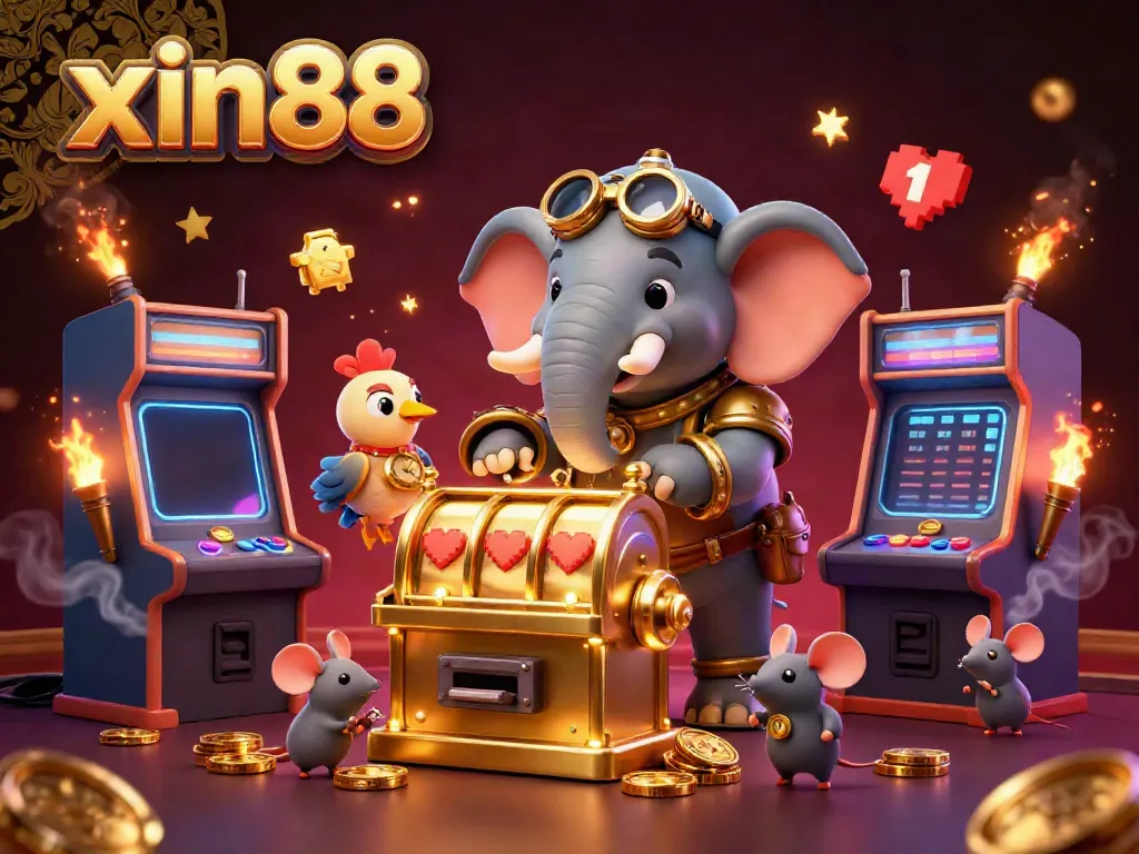 Experience the excitement at xin88 with a vibrant 3D illustration of a steampunk elephant operator at a golden slot machine surrounded by dynamic gaming elements.