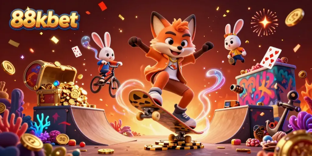 Experience thrilling gaming at 88kbet with a fun scene of cartoon characters engaging in casino excitement.