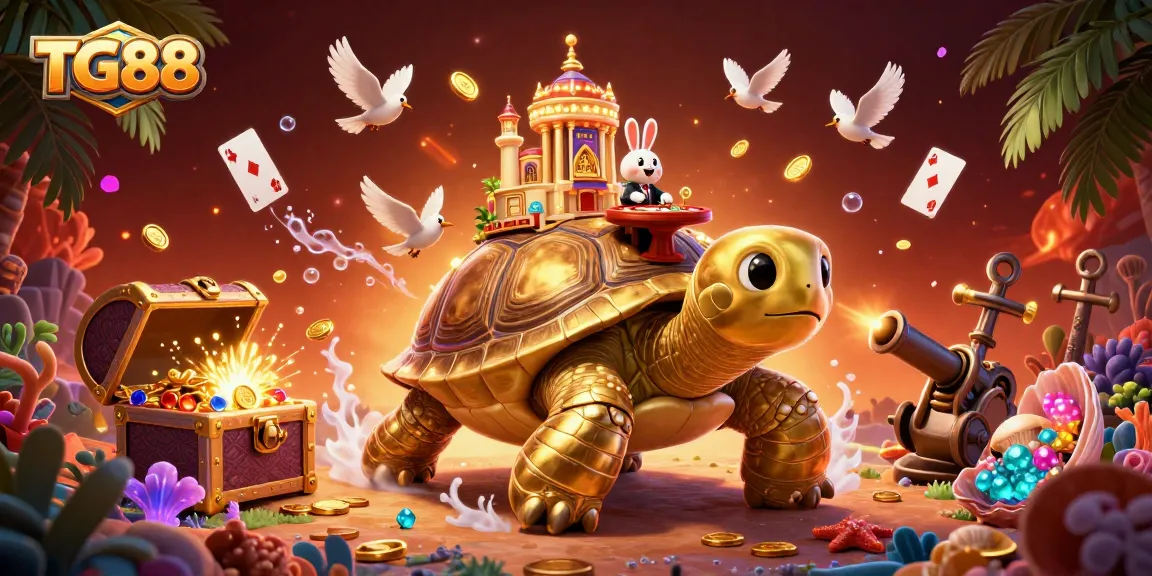 Experience thrilling action at TG88's vibrant casino scene with a golden tortoise and playful dealer.