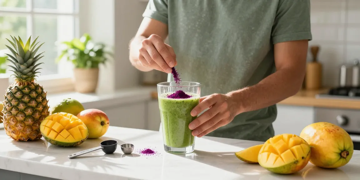 Camu camu powder used in smoothie preparation with fresh fruits and bright kitchen backdrop