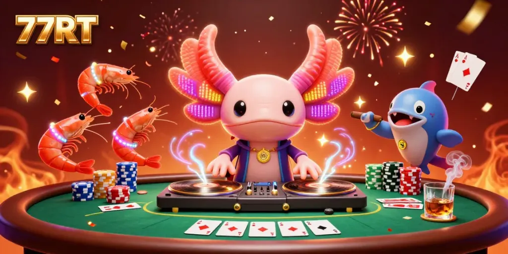 Experience the vibrant energy of 77RT with a neon-themed casino scene featuring dancing sea creatures, poker elements, and festive celebrations.
