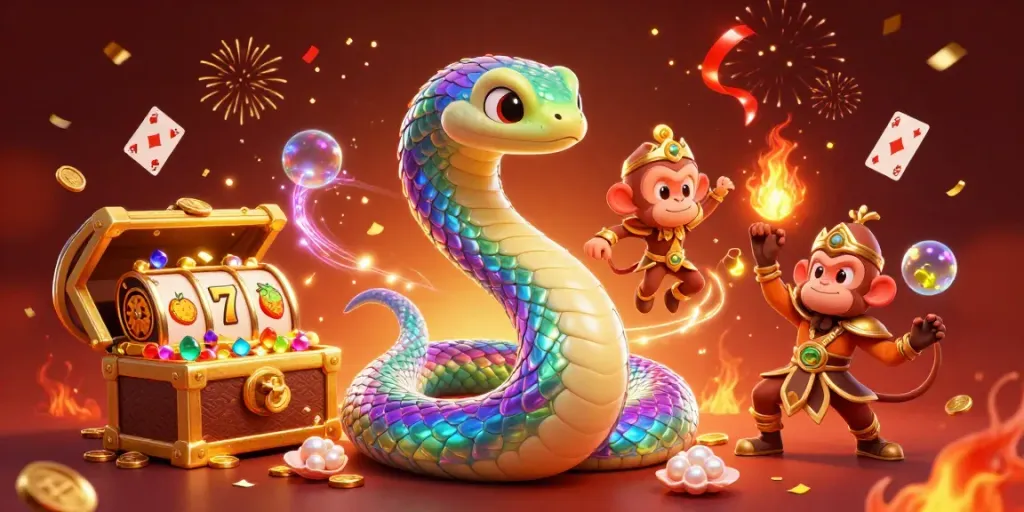 E39 offers thrilling gameplay as players encounter a vibrant scene with a rainbow serpent and magical treasures erupting.