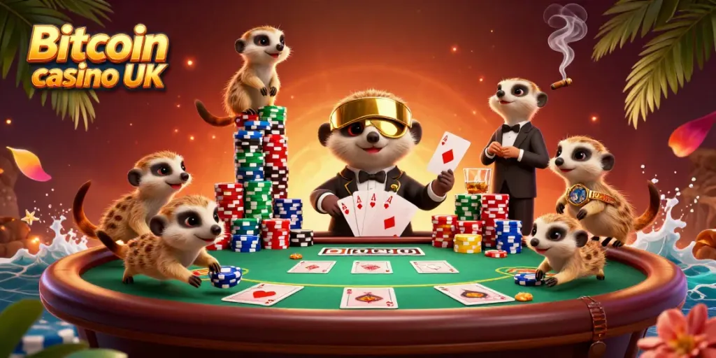 Engaging scene of a Bitcoin casino UK with meerkats running dynamic casino operations.