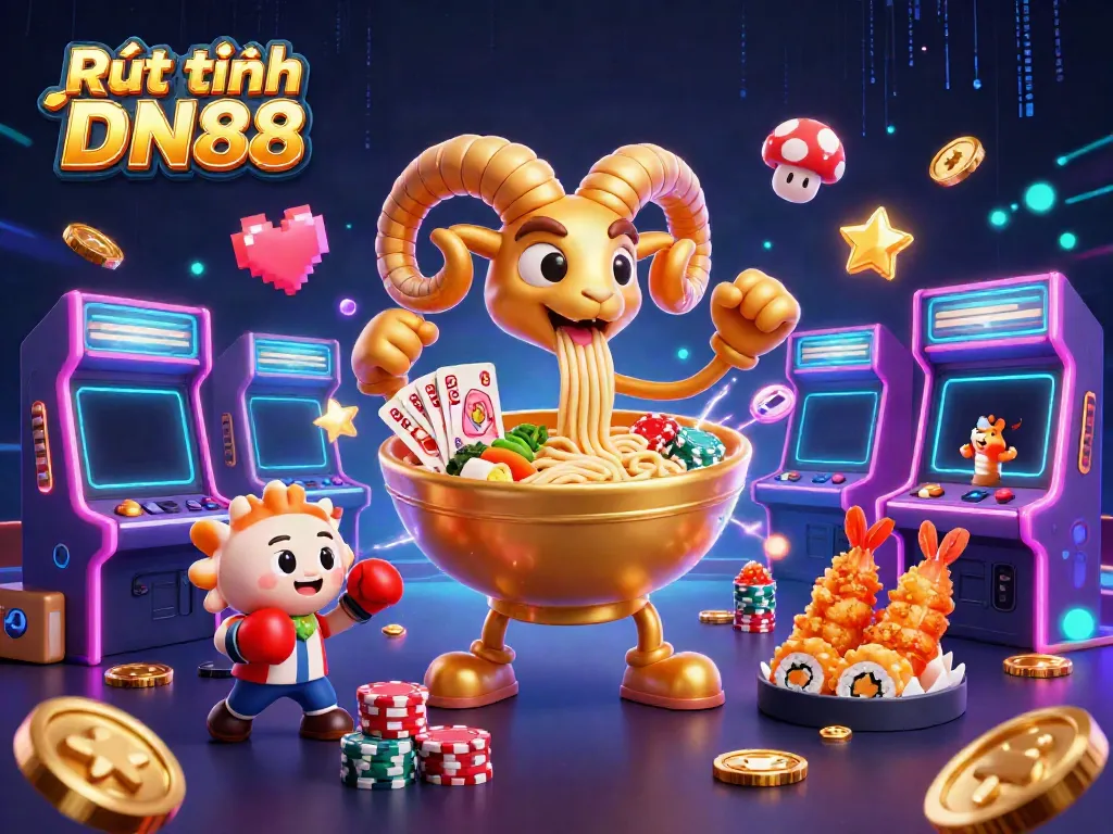 Rút tiền DN88 showcases a vibrant 3D casino environment filled with winning cards and chips.