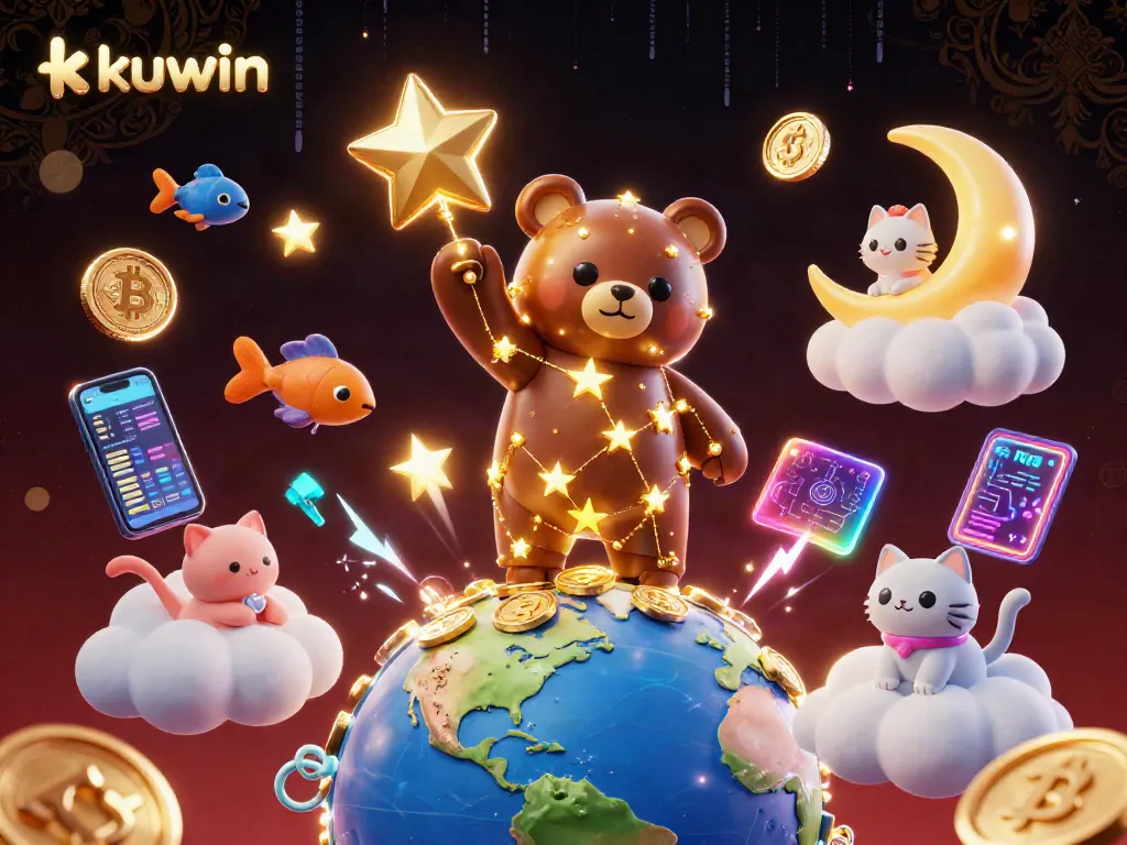 Kuwin players enjoying vibrant casino-themed illustration featuring crypto coins, a constellation bear, and shooting stars.