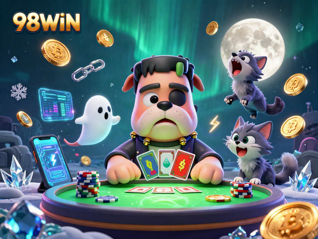 Engage in thrilling gameplay with 98WIN featuring cartoon characters and crypto elements.