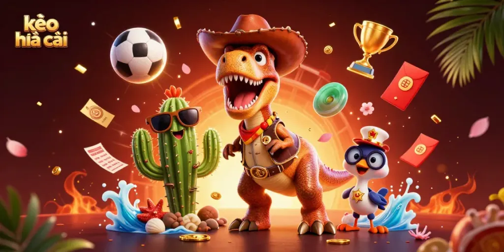 Experience kèo nhà cái strategies with a dynamic scene featuring animated characters and sports elements.