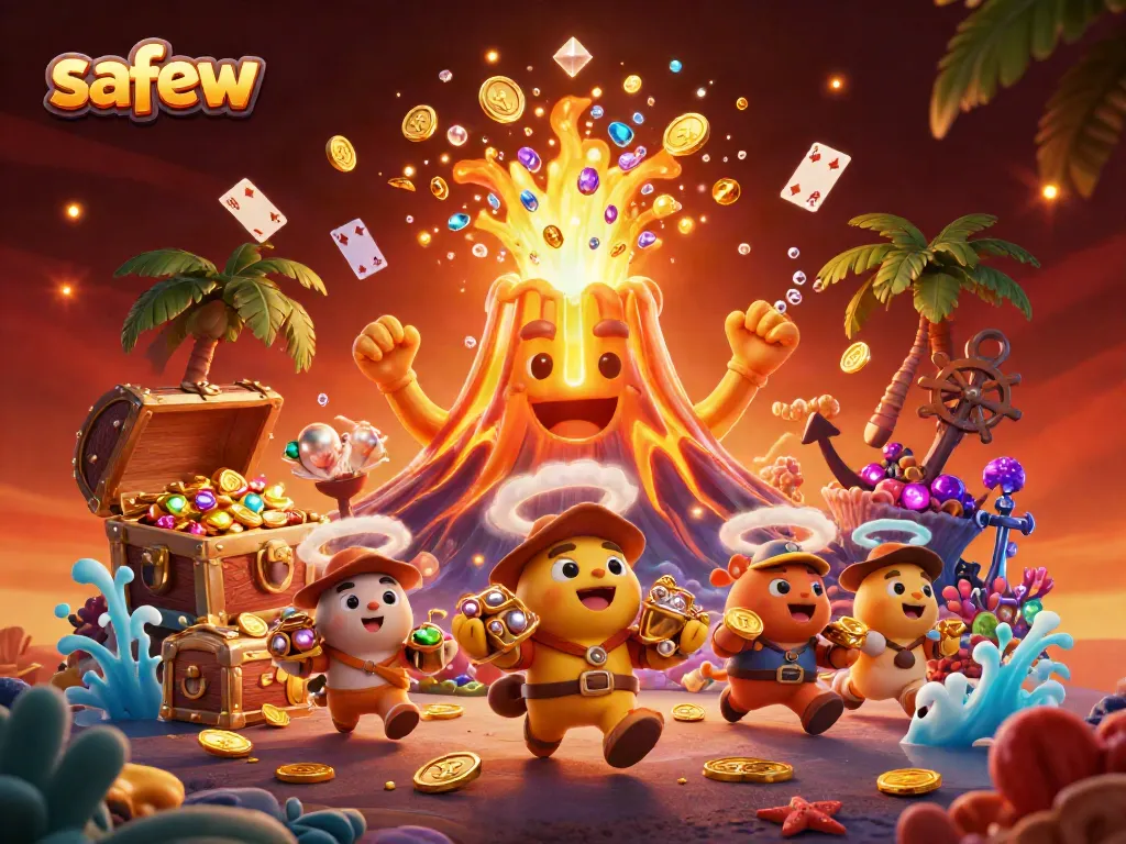 Safew features a triumphant golden volcano surrounded by treasure and casino elements, symbolizing secure communication.