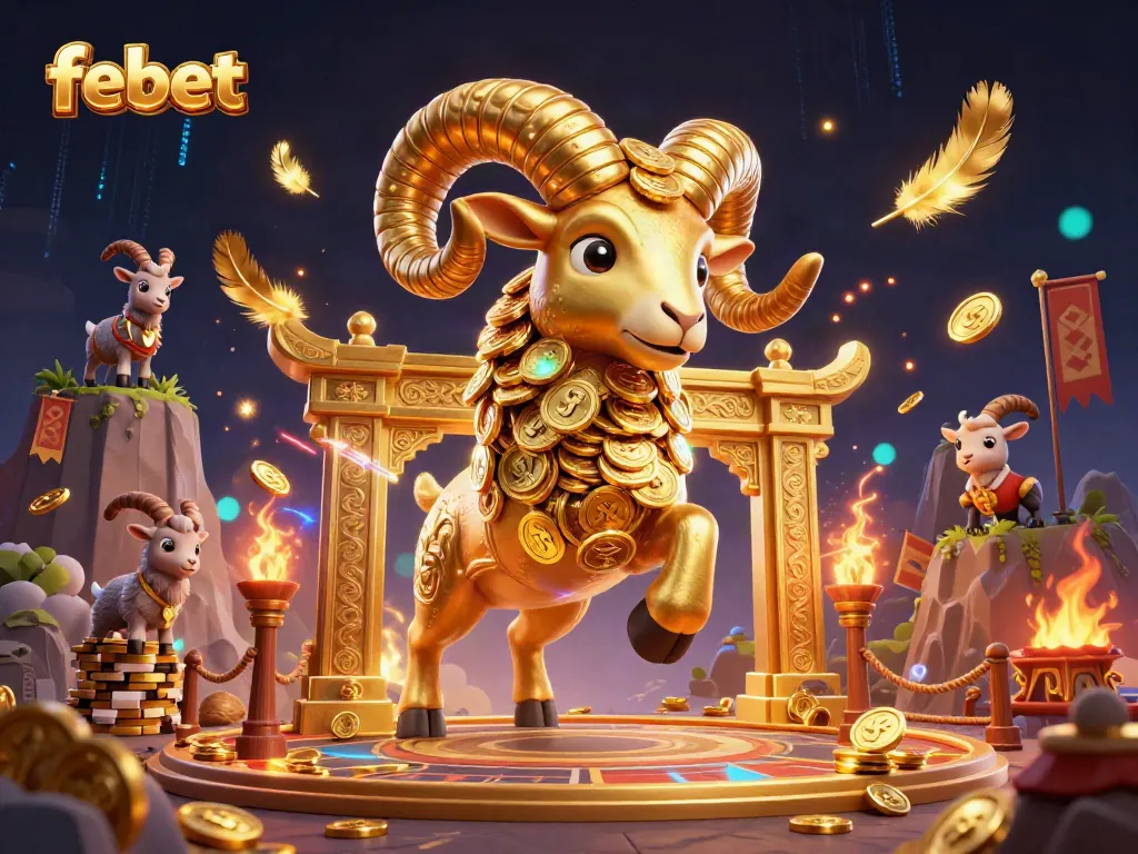Experience the excitement of febet with a dynamic 3D scene featuring a golden ram charging at a gate surrounded by unique gambling elements.